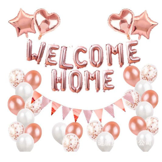 Set baloane folie si latex, ANGELBEAR, WELCOME HOME, 24 de piese, 20 baloane latex, 4 baloane stea Folie, 1 set Welcome Home, Rose gold metal